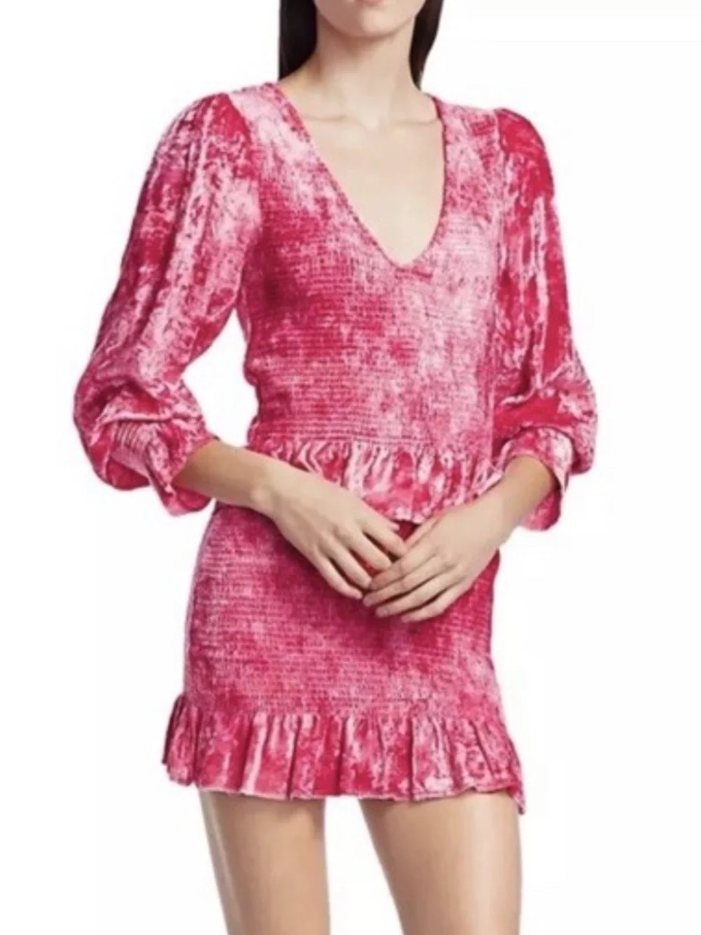 LoveShackFancy Evan Pink Grenadine Crushed Velvet Smocked Mini Dress Size M NWOT